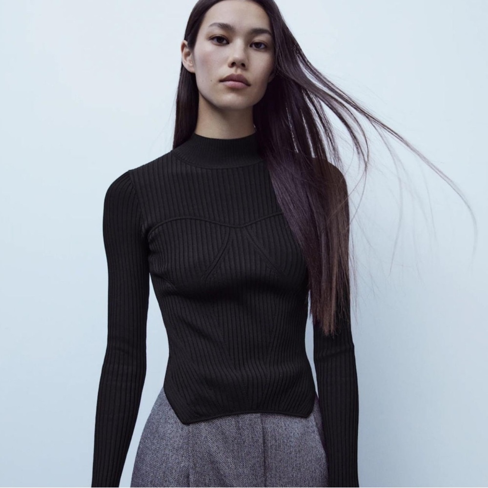 ZARA Black Ribbed Long Sleeve Sweater Mock Neck Size M